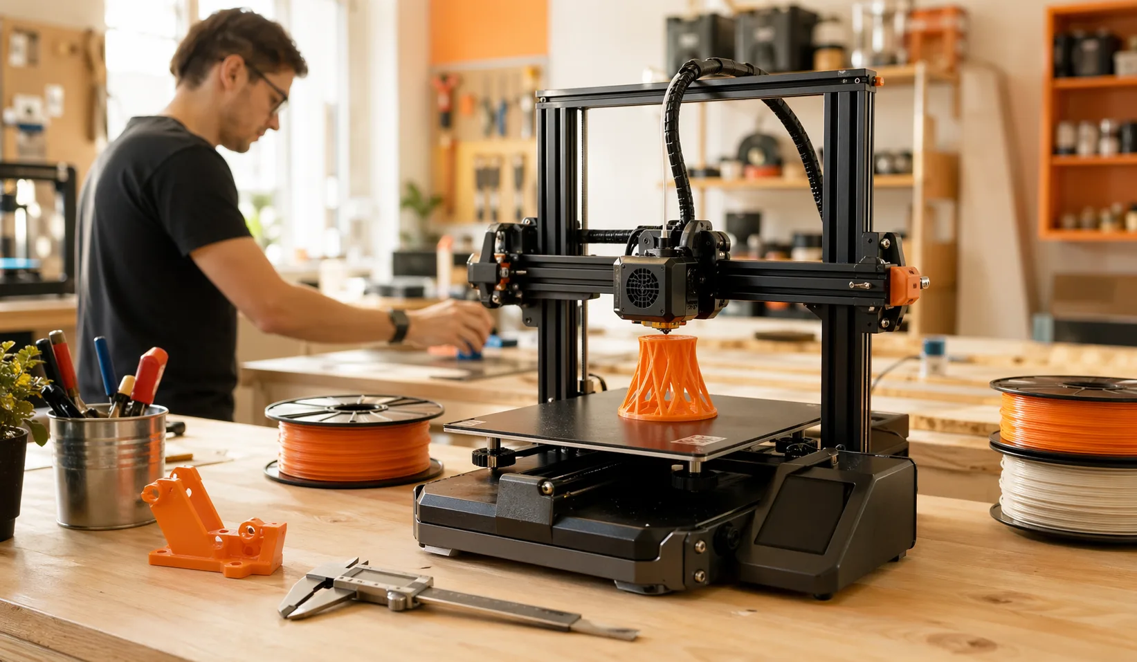 Photo d'une imprimante 3D en cours d'utilisation dans l'atelier du Fablab