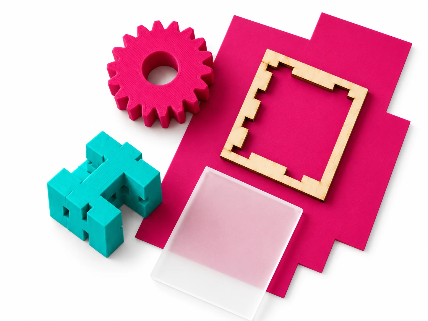 Engrenage magenta imprimé en 3D, pièce turquoise et cadre en bois découpé au laser