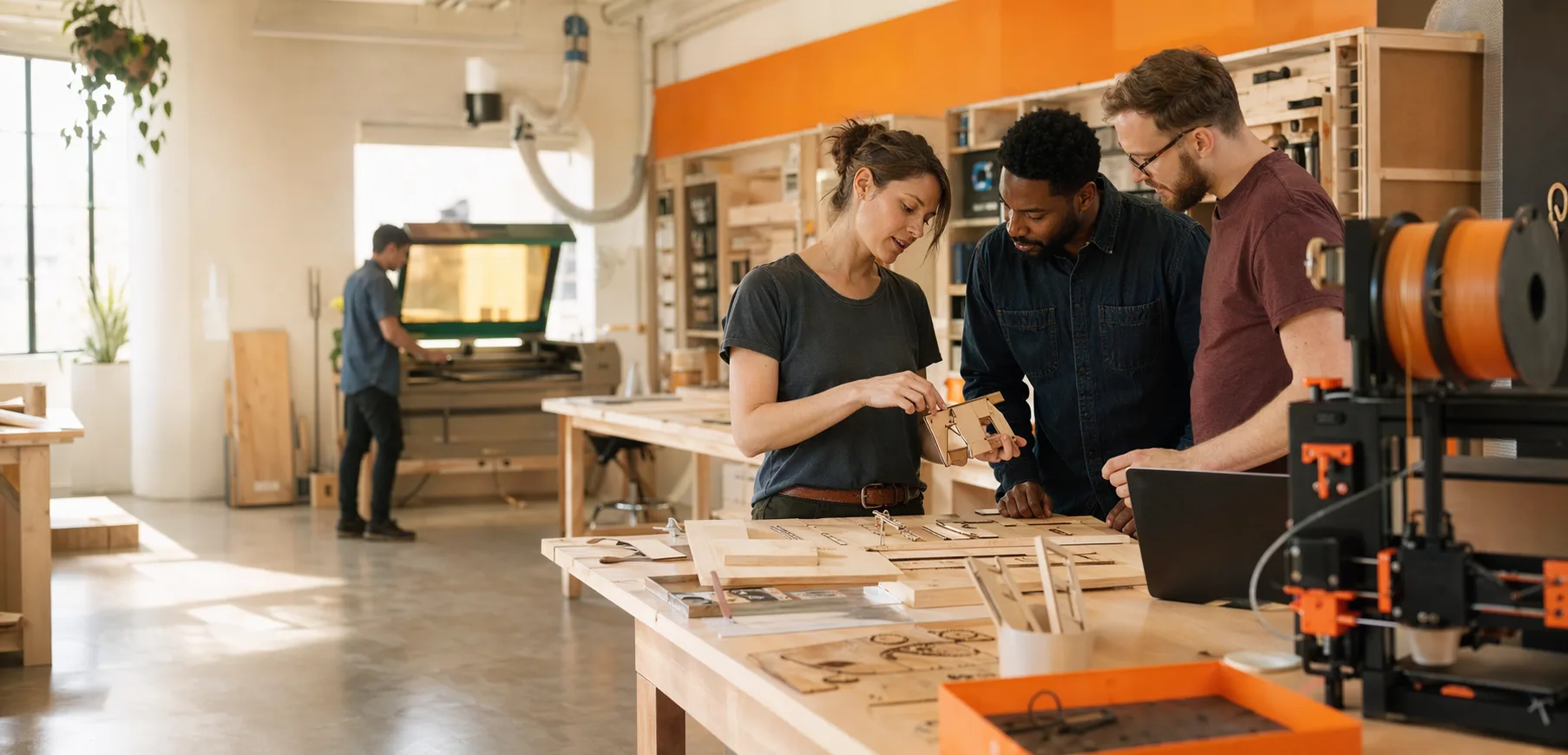 Photo d'un espace Fablab lumineux avec imprimante 3D, découpe laser et travail collaboratif