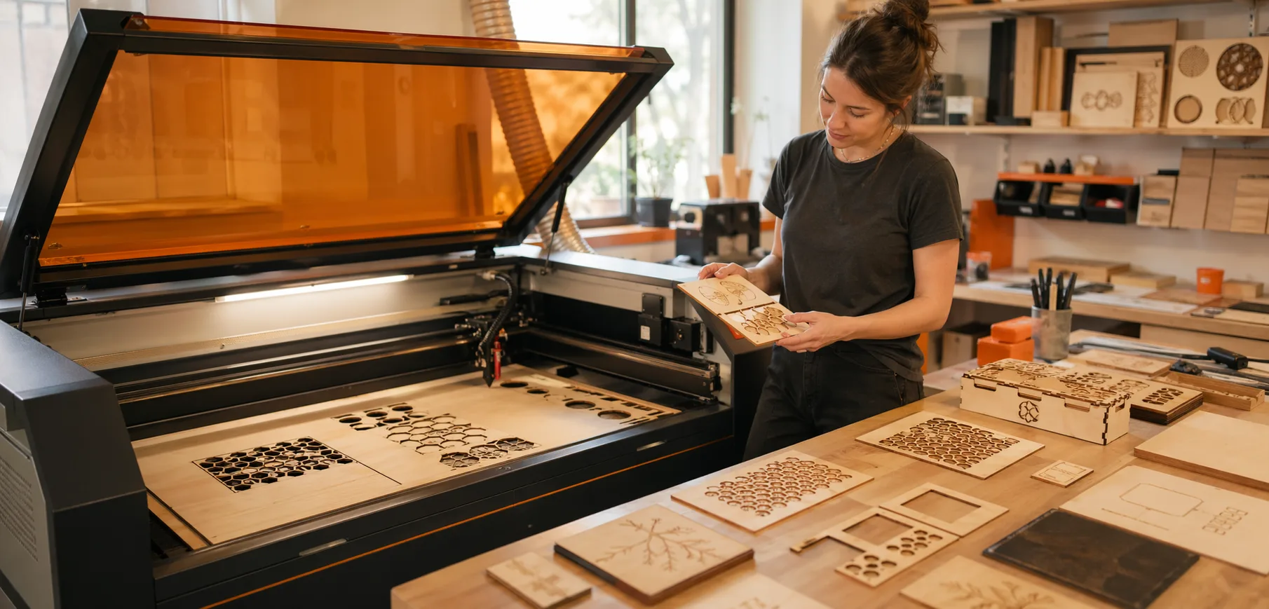 Photo d'une machine de découpe et gravure laser avec des pièces en bois