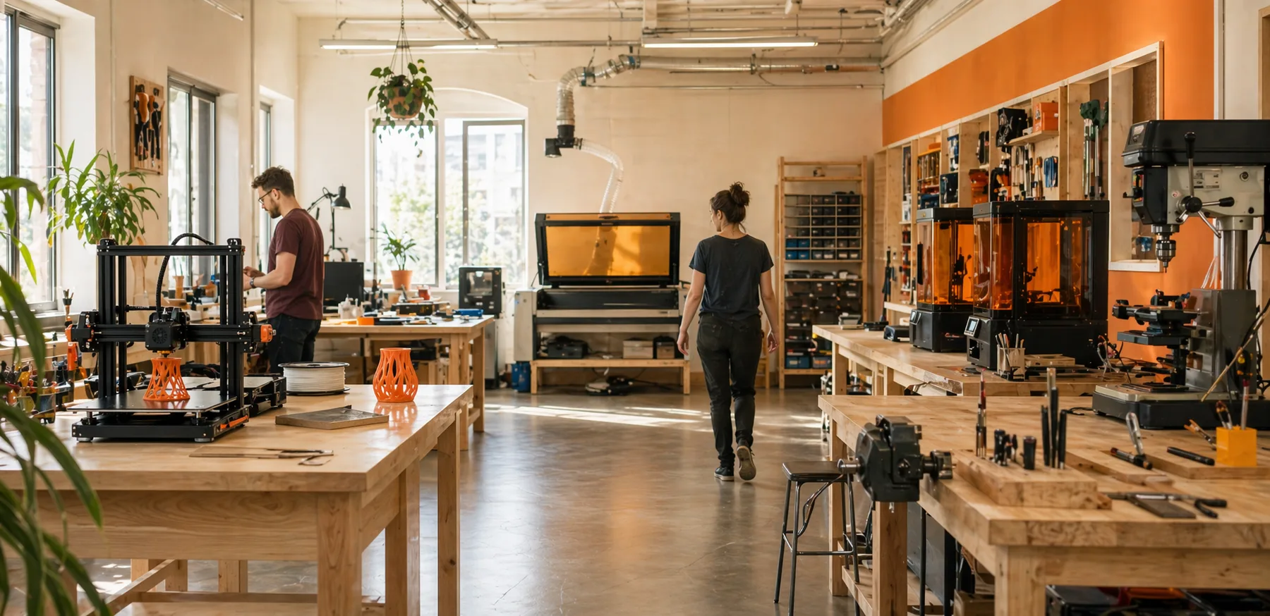 Photo du parc machines du Fablab avec plusieurs postes de fabrication visibles