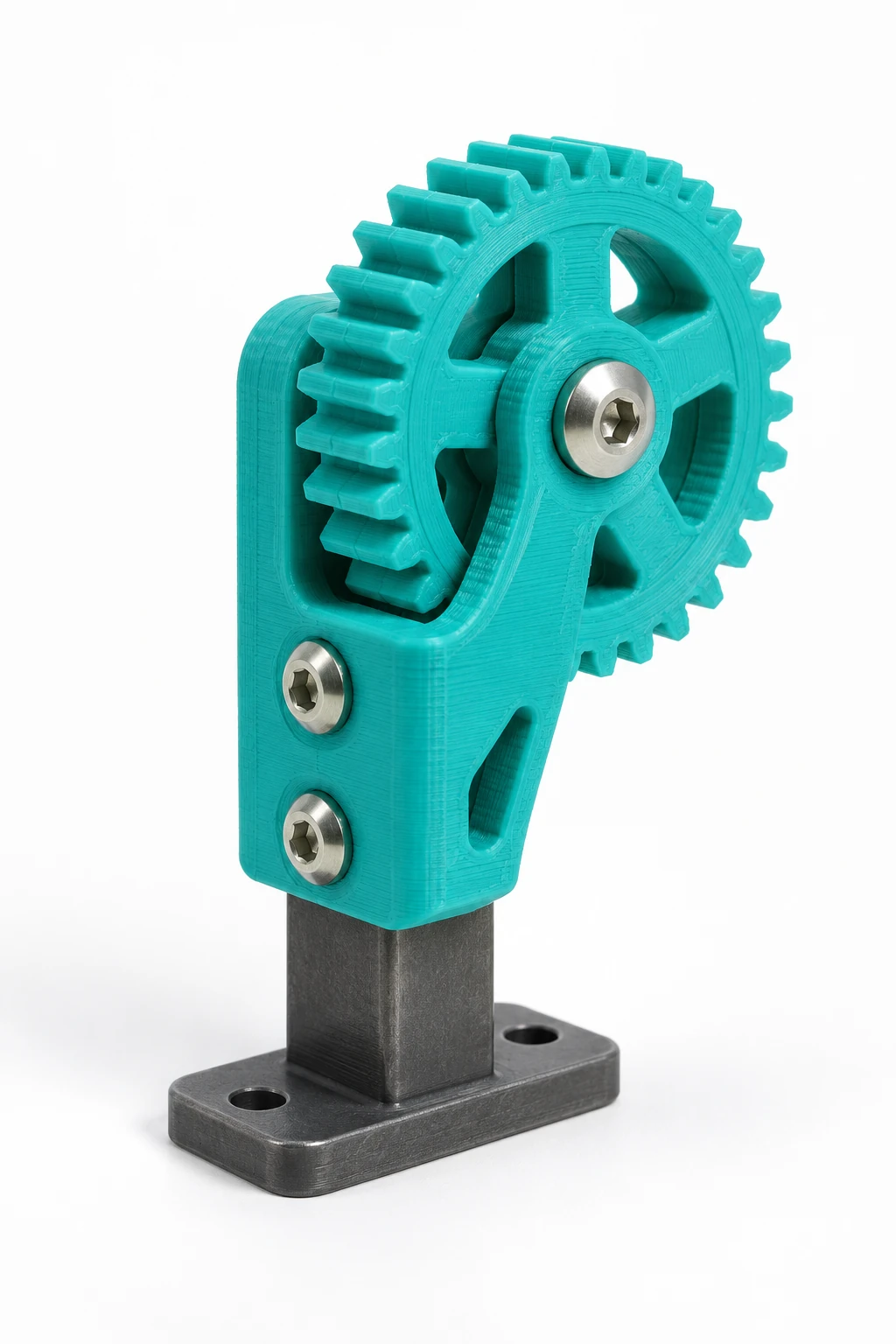Pièce de réparation turquoise imprimée en 3D, exemple de fabrication